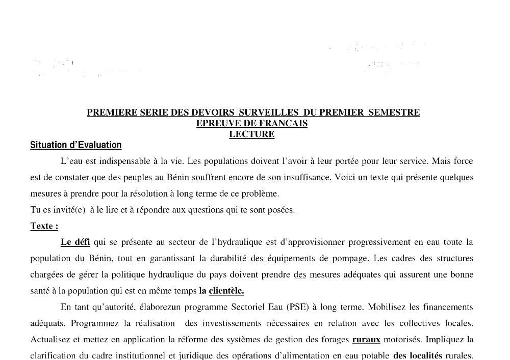 Aperçu de la première page — 3ème Lecture 1er Devoir 1er Semestre CEG Ocean 2016 2017