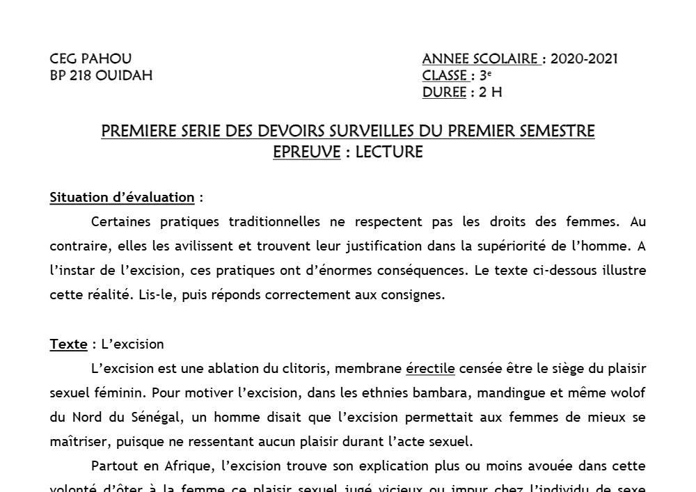 Aperçu de la première page — 3ème Lecture 1er Devoir 1er Semestre CEG Pahou 2020 2021
