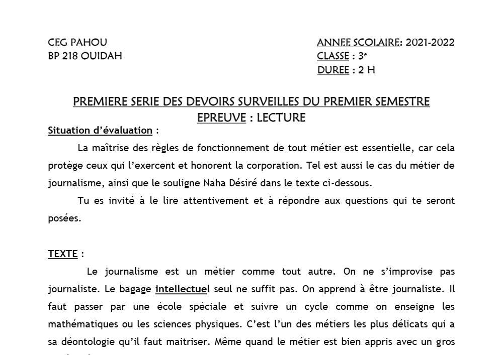 Aperçu de la première page — 3ème Lecture 1er Devoir 1er Semestre CEG Pahou 2021 2022