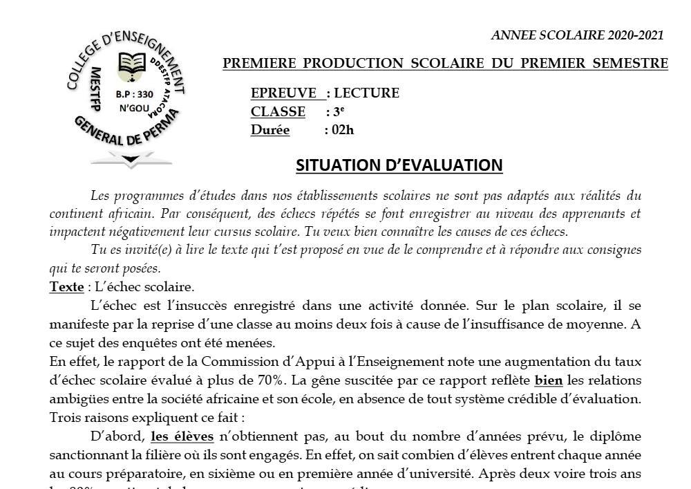 Aperçu de la première page — 3ème Lecture 1er Devoir 1er Semestre CEG Perma 2020 2021
