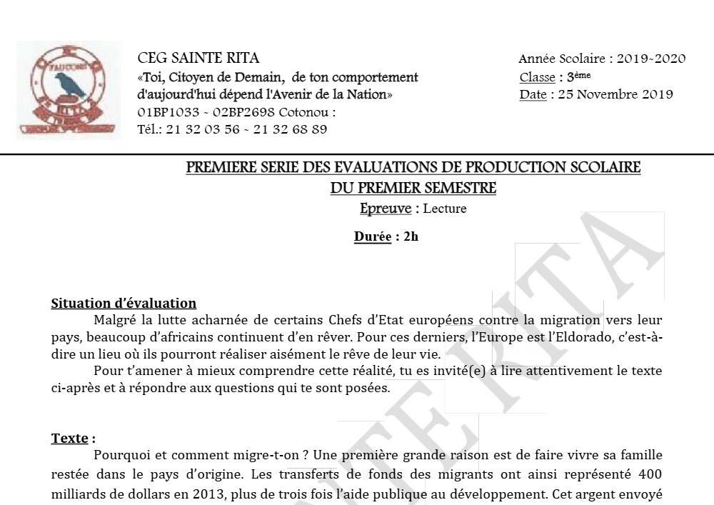 Aperçu de la première page — 3ème Lecture 1er Devoir 1er Semestre CEG Sainte Rita 2019 2020