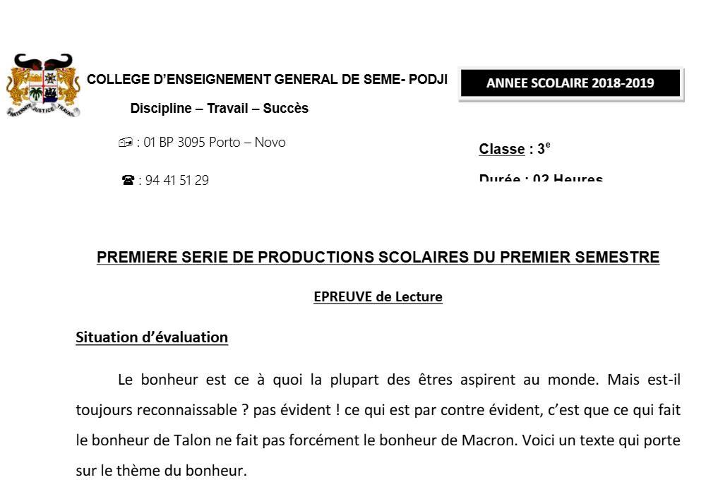 Aperçu de la première page — 3ème Lecture 1er Devoir 1er Semestre CEG Seme Podji 2018 2019