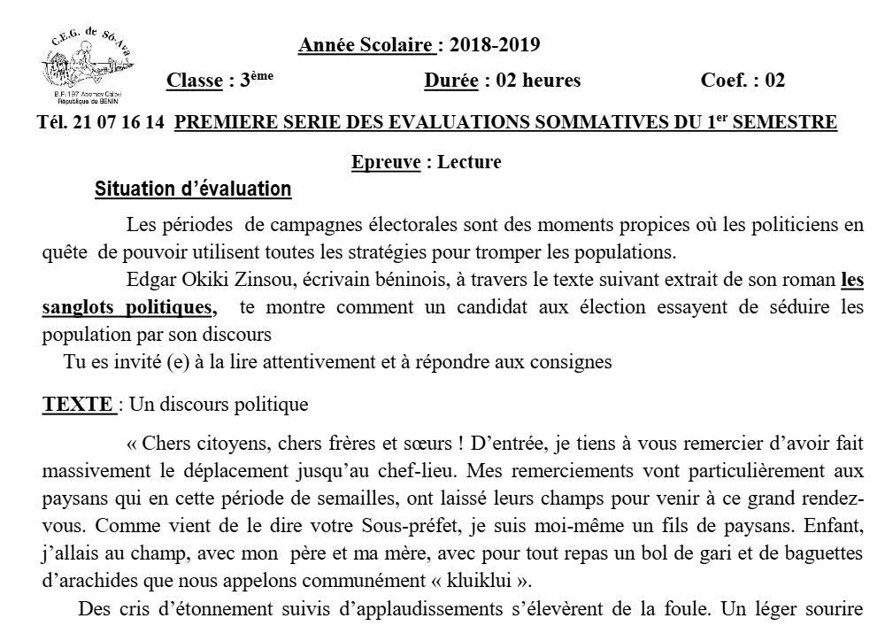 Aperçu de la première page — 3ème Lecture 1er Devoir 1er Semestre CEG So Ava 2018 2019