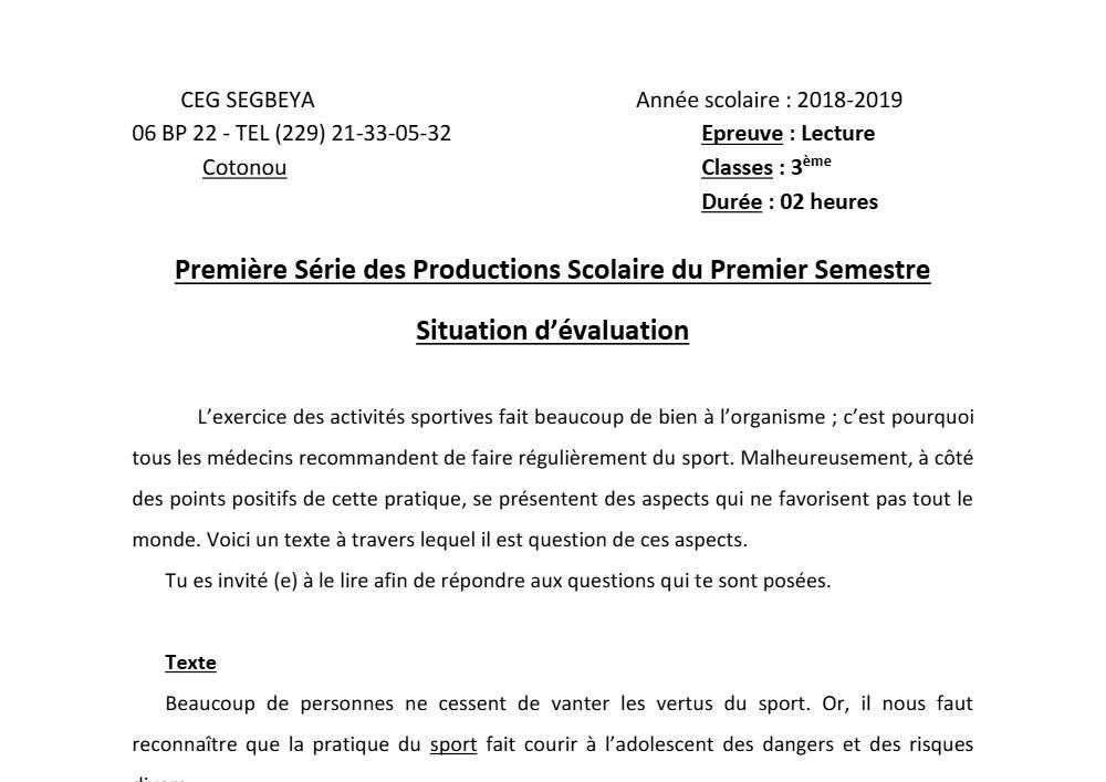Aperçu de la première page — 3ème Lecture 1er Devoir 1er Semestre CEG Ségbéya 2018 2019
