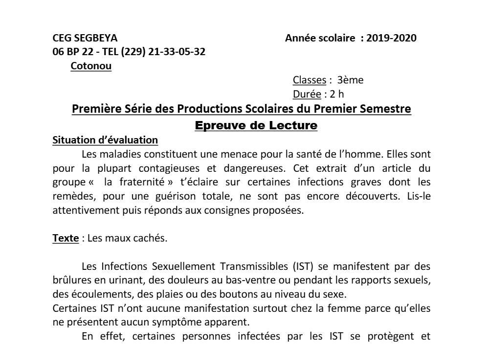 Aperçu de la première page — 3ème Lecture 1er Devoir 1er Semestre CEG Ségbéya 2019 2020