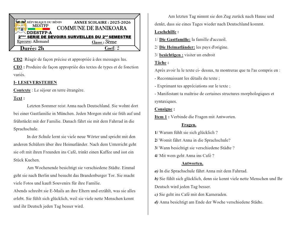 Aperçu de la première page — BANIKOARA Devoir communal Allemand 3eme 2026
