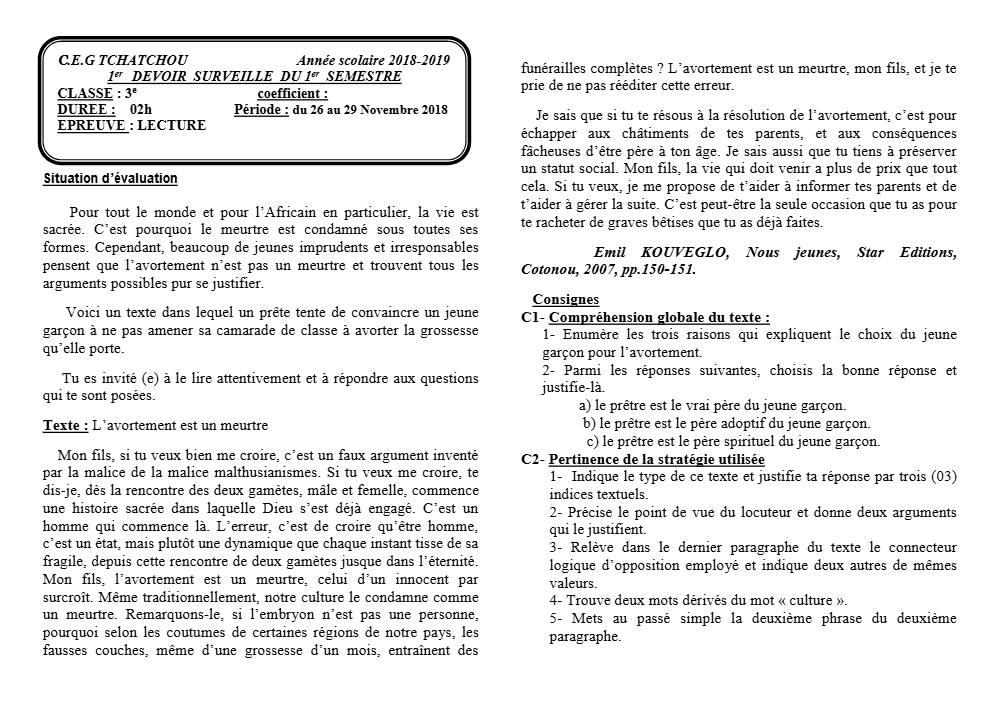Aperçu de la première page — 3ème Lecture 1er Devoir 1er Semestre CEG Tchatchou 2018 2019 (2)