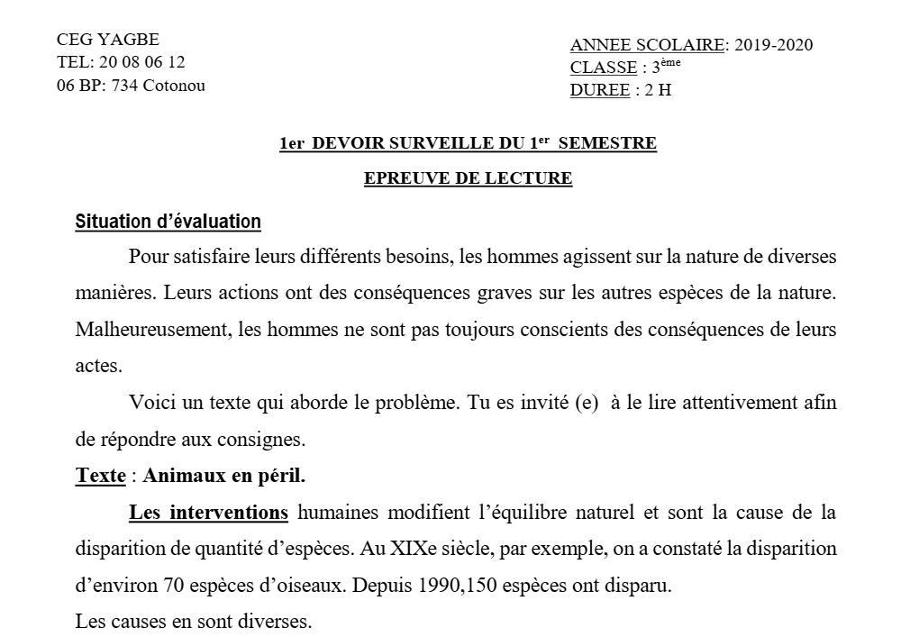 Aperçu de la première page — 3ème Lecture 1er Devoir 1er Semestre CEG Yagbe 2019 2020