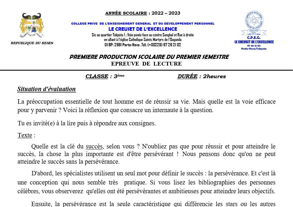 Aperçu de la première page — 3ème Lecture 1er Devoir 1er Semestre CPEG Le Creuset de L'Excellence 2022 2023