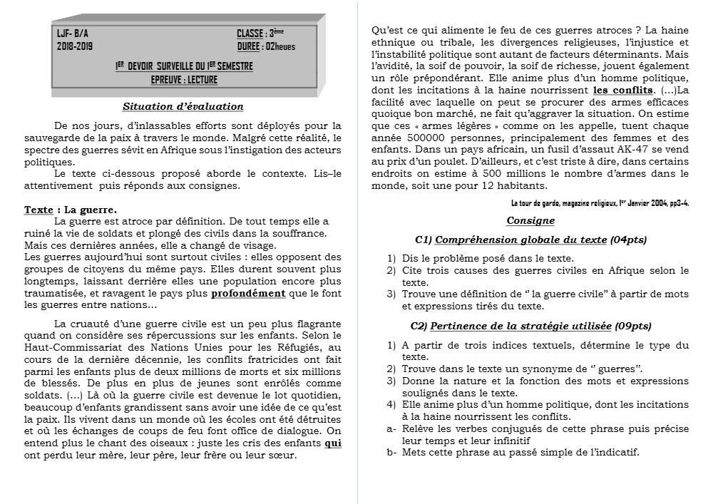 Aperçu de la première page — 3ème Lecture 1er Devoir 1er Semestre Ljf Ba 2018 2019