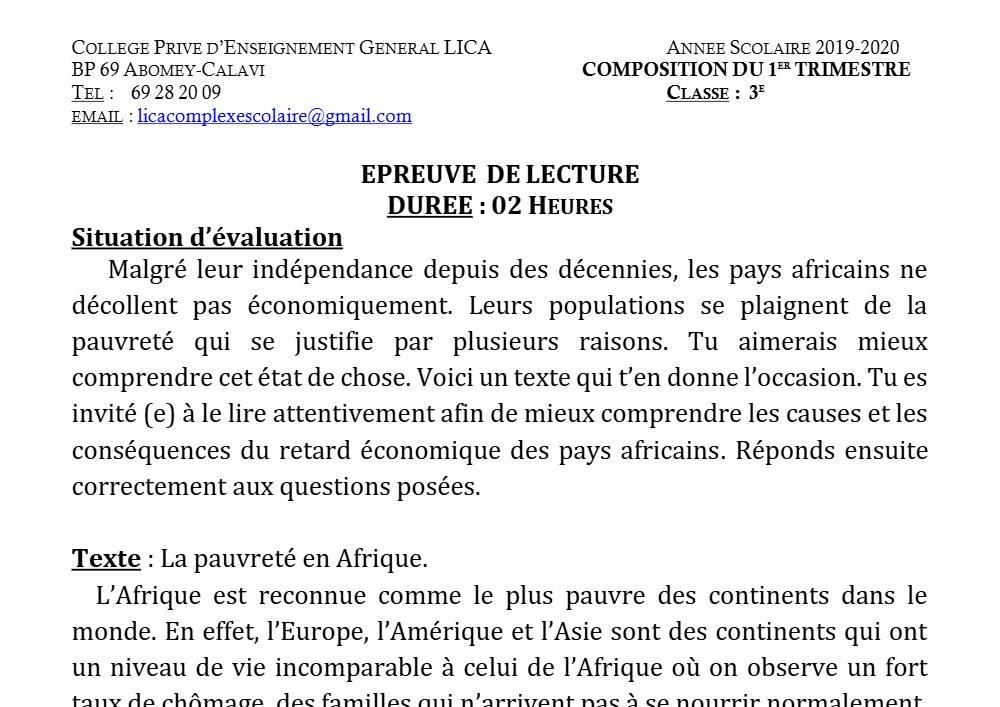 Aperçu de la première page — 3ème Lecture 1er Devoir 1er Trimestre CPEG Lica 2019 2020