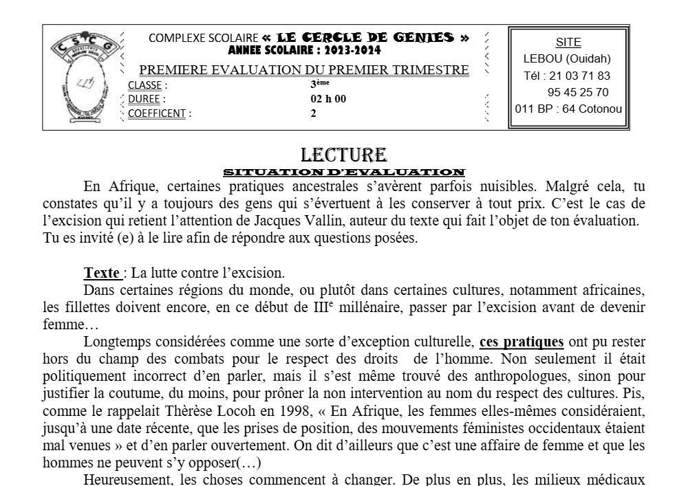 Aperçu de la première page — 3ème Lecture 1er Devoir 1er Trimestre CP Le Cercle de Genies 2023 2024