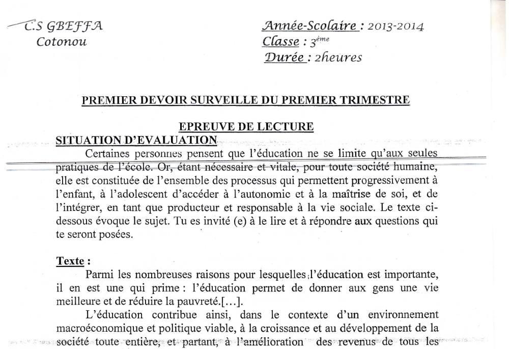Aperçu de la première page — 3ème Lecture 1er Devoir 1er Trimestre CS Gbeffa 2013 2014