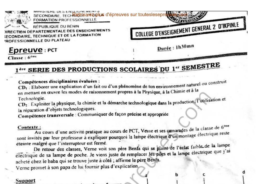 Aperçu de la première page — 1er Devoir du 1er Semestre 2025 2026 – PCT 6ème – CEG 2 Ikpinlè