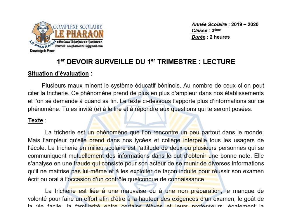 Aperçu de la première page — 3ème Lecture 1er Devoir 1er Trimestre CS Le Pharaon 2019 2020