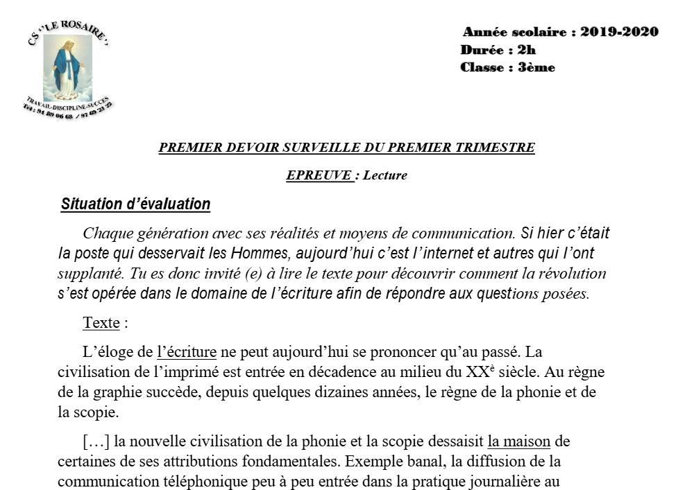 Aperçu de la première page — 3ème Lecture 1er Devoir 1er Trimestre CS Le Rosaire 2019 2020