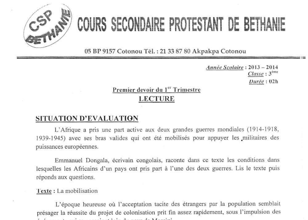 Aperçu de la première page — 3ème Lecture 1er Devoir 1er Trimestre CSP Béthanie 2013 2014