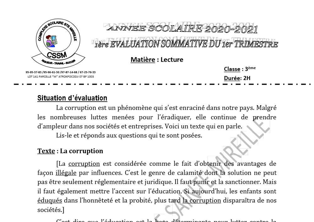 Aperçu de la première page — 3ème Lecture 1er Devoir 1er Trimestre CS Ste Mireille 2020 2021