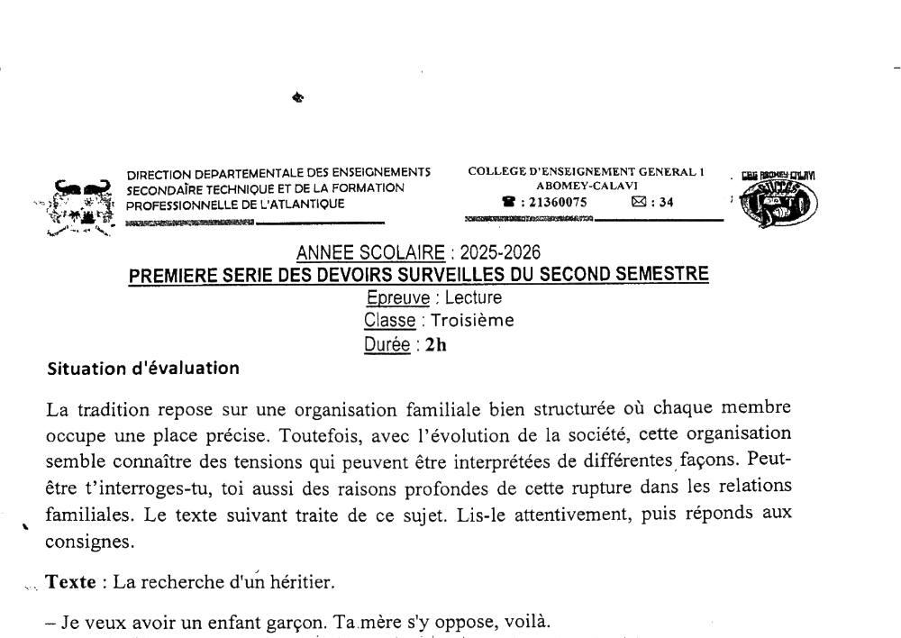 Aperçu de la première page — 3ème Lecture 1er Devoir 2ème Semestre CEG 1 Abomey Calavi 2025 2026