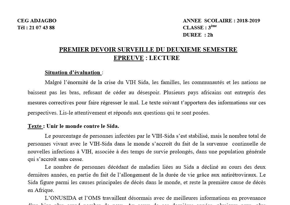Aperçu de la première page — 3ème Lecture 1er Devoir 2ème Semestre CEG Adjagbo 2018 2019