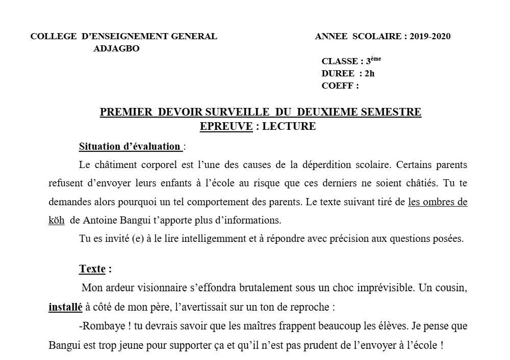 Aperçu de la première page — 3ème Lecture 1er Devoir 2ème Semestre CEG Adjagbo 2019 2020