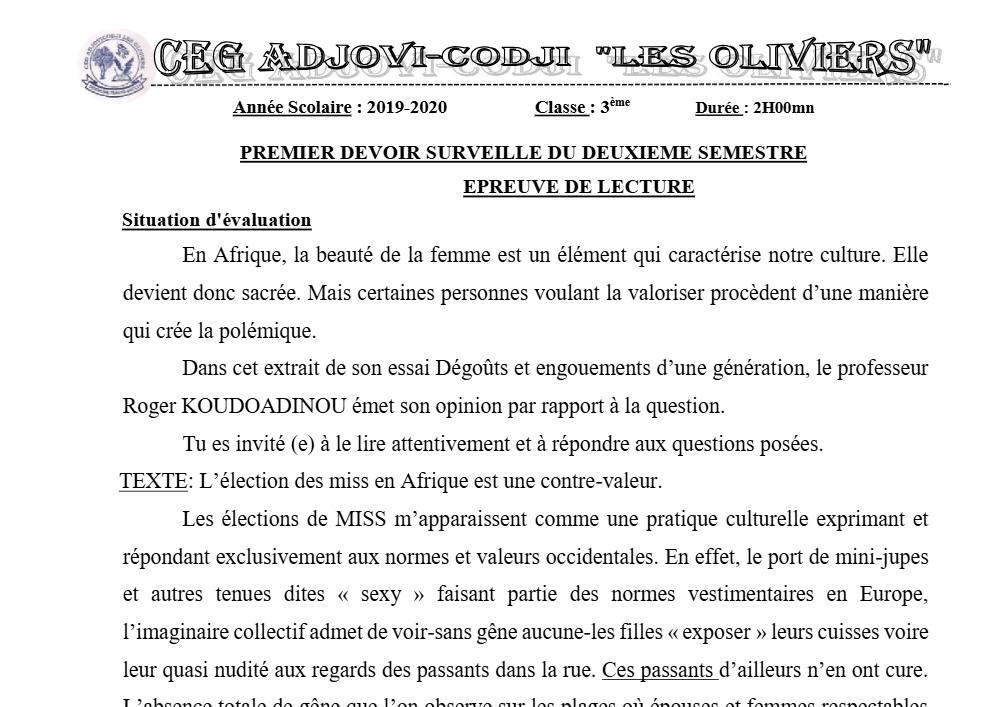 Aperçu de la première page — 3ème Lecture 1er Devoir 2ème Semestre CEG Adjovi Codji 2019 2020