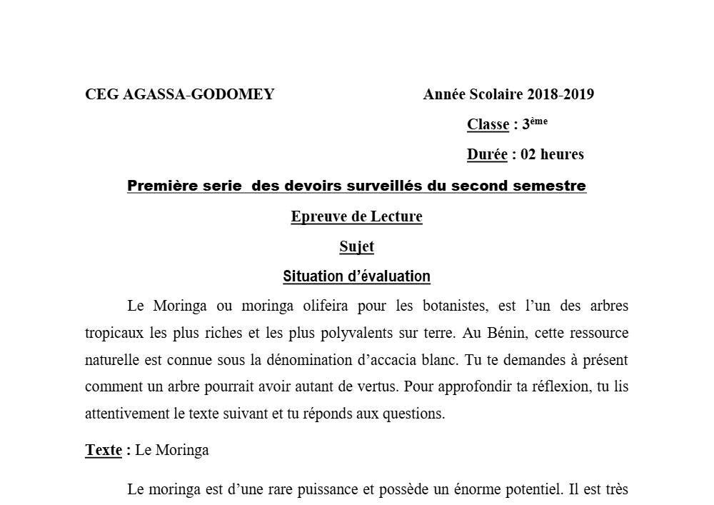 Aperçu de la première page — 3ème Lecture 1er Devoir 2ème Semestre CEG Agassa Godomey 2018 2019