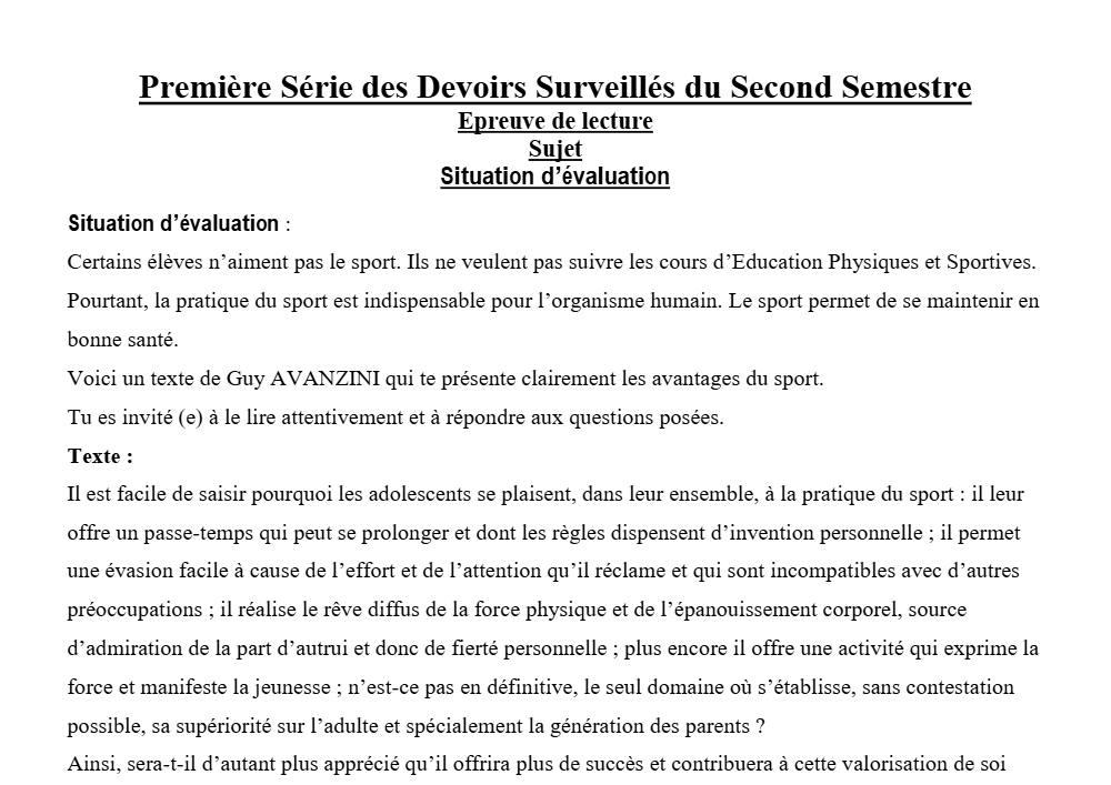 Aperçu de la première page — 3ème Lecture 1er Devoir 2ème Semestre CEG Agassa Godomey 2020 2021