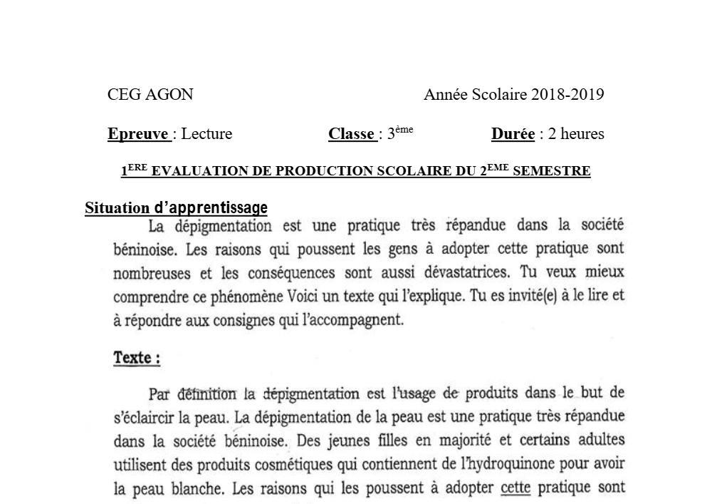 Aperçu de la première page — 3ème Lecture 1er Devoir 2ème Semestre CEG Agon 2018 2019