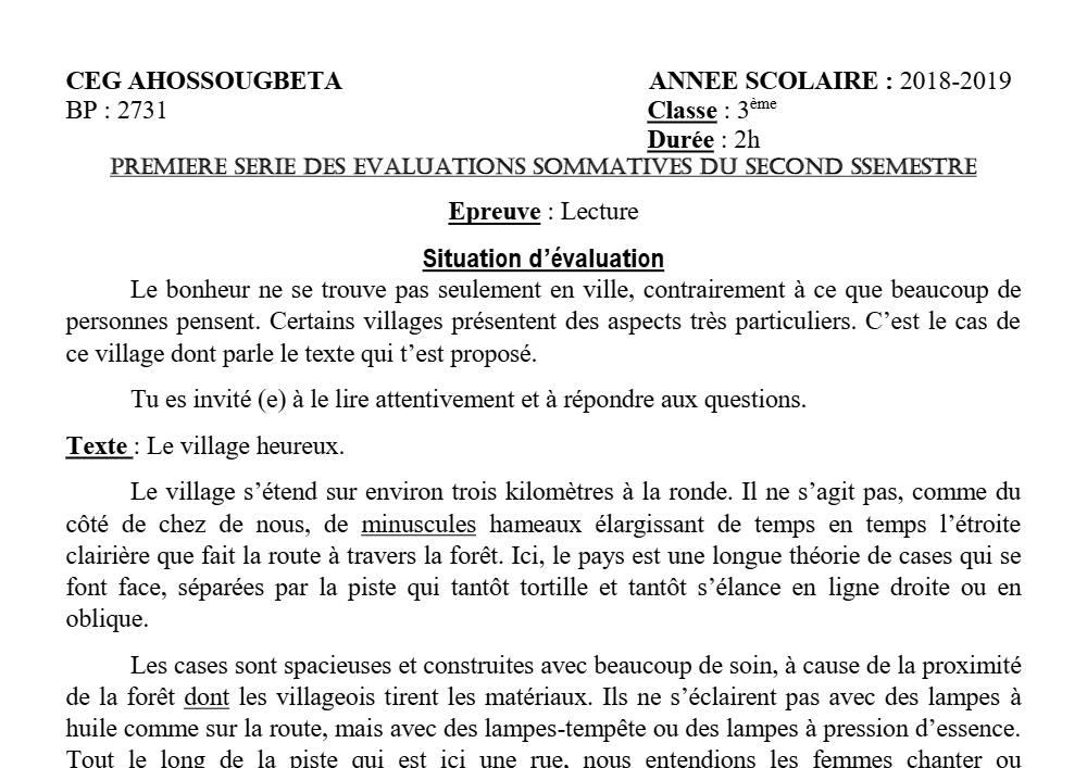 Aperçu de la première page — 3ème Lecture 1er Devoir 2ème Semestre CEG Ahossougbéta 2018 2019