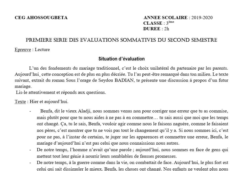 Aperçu de la première page — 3ème Lecture 1er Devoir 2ème Semestre CEG Ahossougbéta 2019 2020