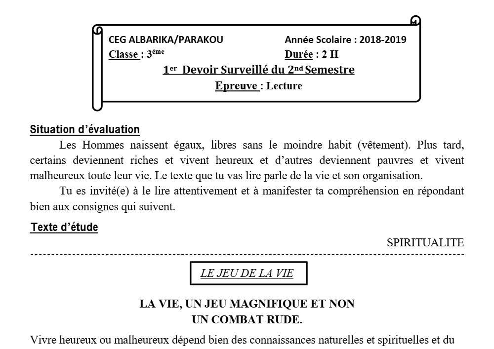 Aperçu de la première page — 3ème Lecture 1er Devoir 2ème Semestre CEG Albarika 2018 2019 (2)