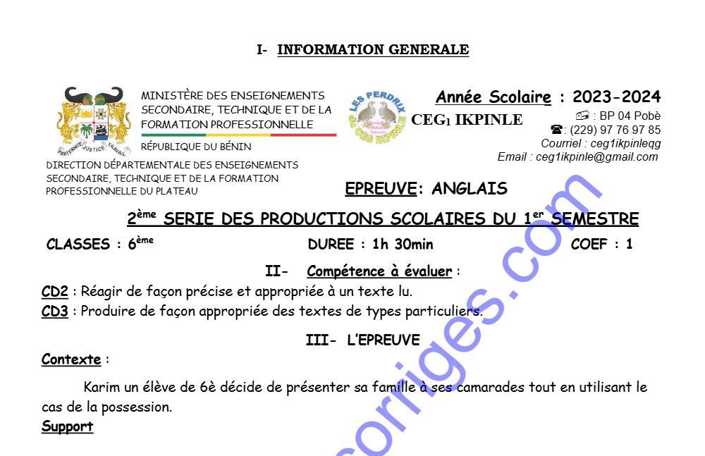 Aperçu de la première page — ANGLAIS 6EME 2EME DEVOIR DU 1ER SEMESTRE 2023 2024 CEG1 IKPINLE