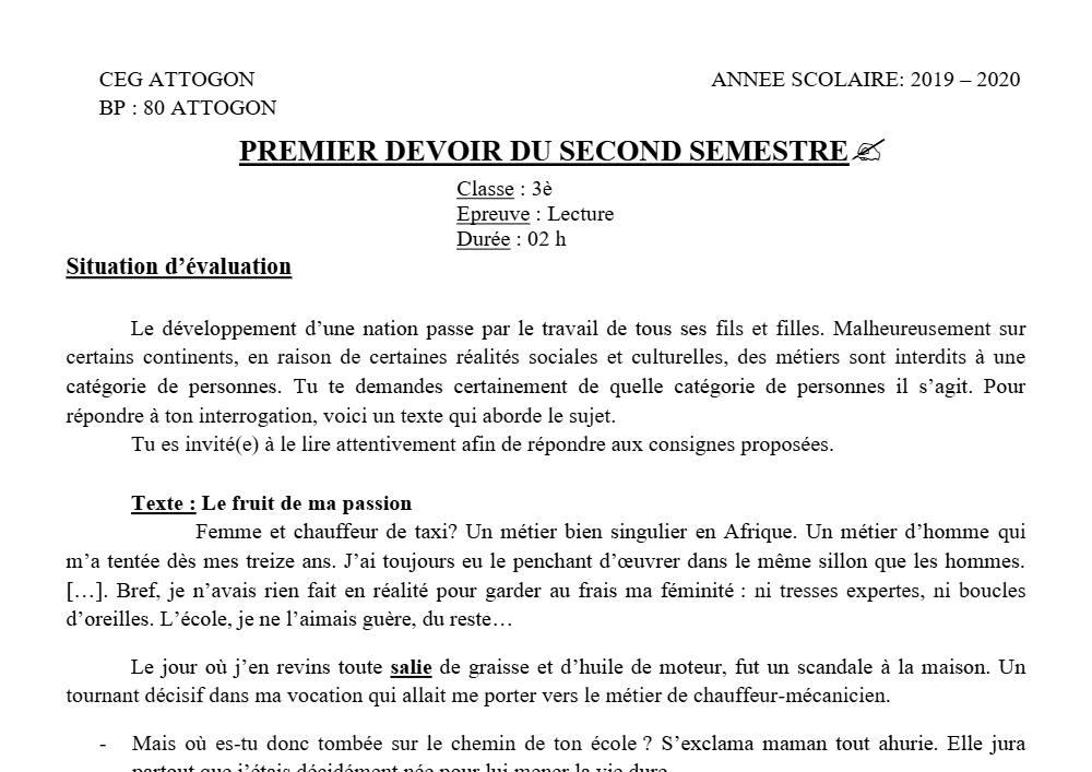 Aperçu de la première page — 3ème Lecture 1er Devoir 2ème Semestre CEG Attogon 2019 2020
