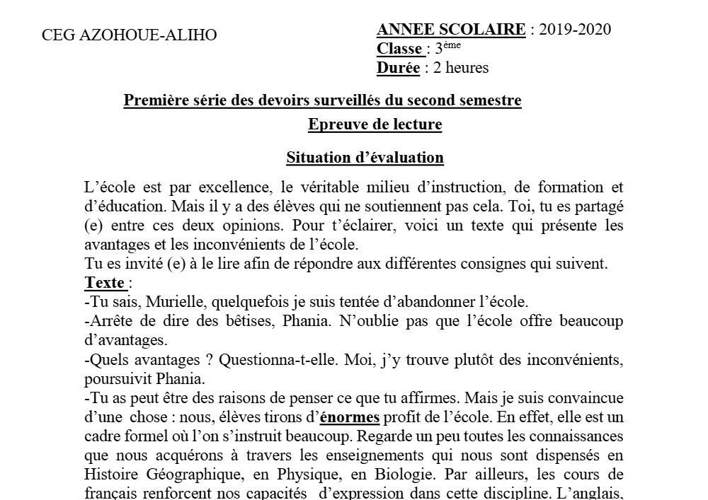 Aperçu de la première page — 3ème Lecture 1er Devoir 2ème Semestre CEG Azohoue Aliho 2019 2020