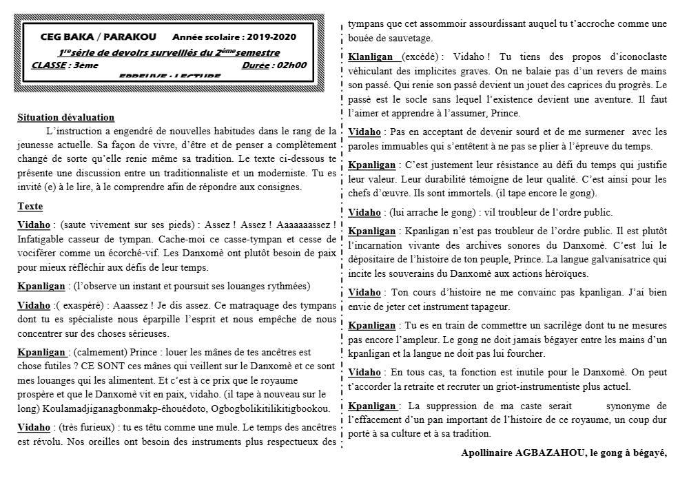 Aperçu de la première page — 3ème Lecture 1er Devoir 2ème Semestre CEG Baka 2019 2020
