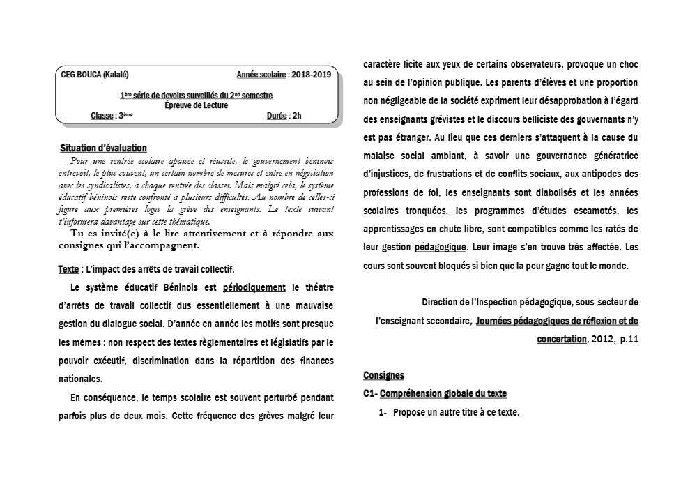 Aperçu de la première page — 3ème Lecture 1er Devoir 2ème Semestre CEG Bouca 2018 2019