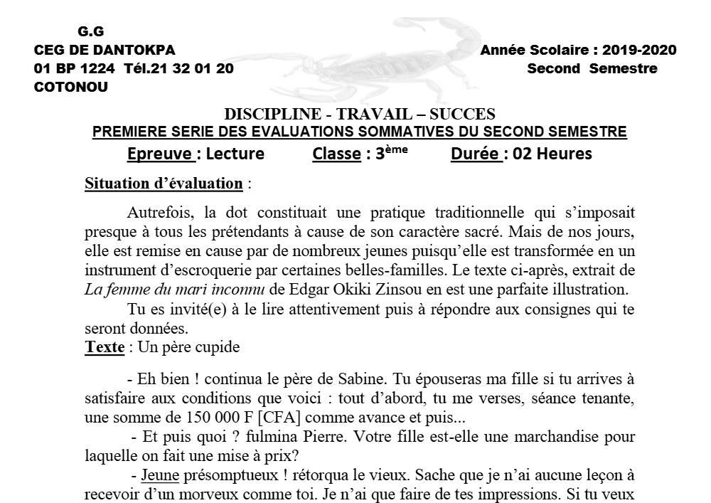 Aperçu de la première page — 3ème Lecture 1er Devoir 2ème Semestre CEG Dantokpa 2019 2020