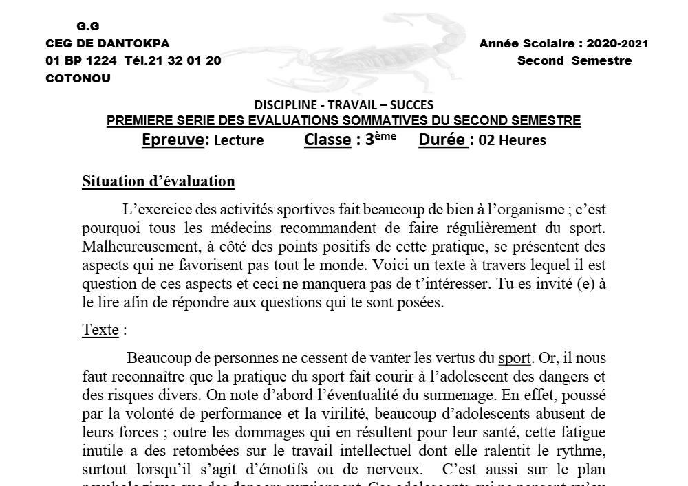 Aperçu de la première page — 3ème Lecture 1er Devoir 2ème Semestre CEG Dantokpa 2020 2021