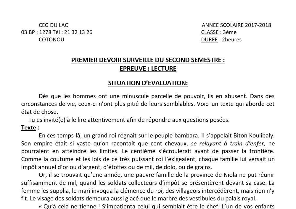 Aperçu de la première page — 3ème Lecture 1er Devoir 2ème Semestre CEG du Lac 2018 2019
