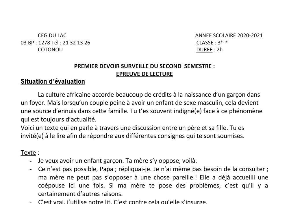 Aperçu de la première page — 3ème Lecture 1er Devoir 2ème Semestre CEG du Lac 2020 2021