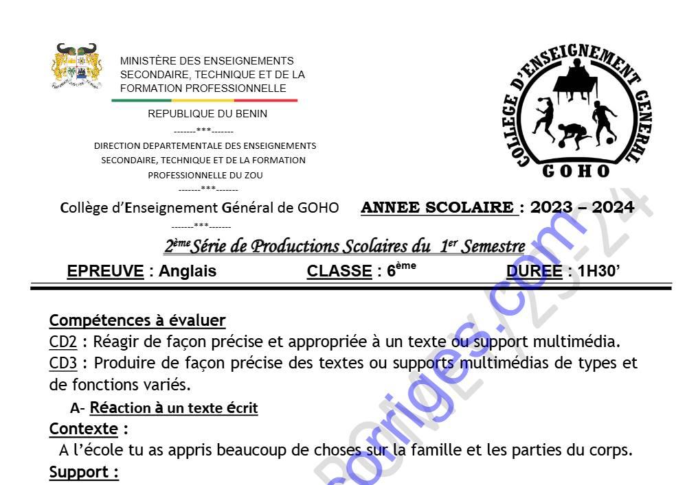 Aperçu de la première page — ANGLAIS 6EME 2EME DEVOIR DU 1ER SEMESTRE 2023 2024 CEG GOHO ABOMEY
