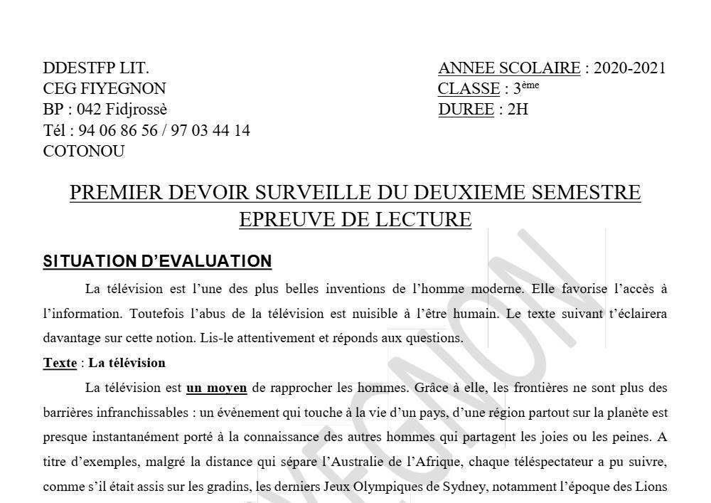 Aperçu de la première page — 3ème Lecture 1er Devoir 2ème Semestre CEG Fiyegnon 2020 2021