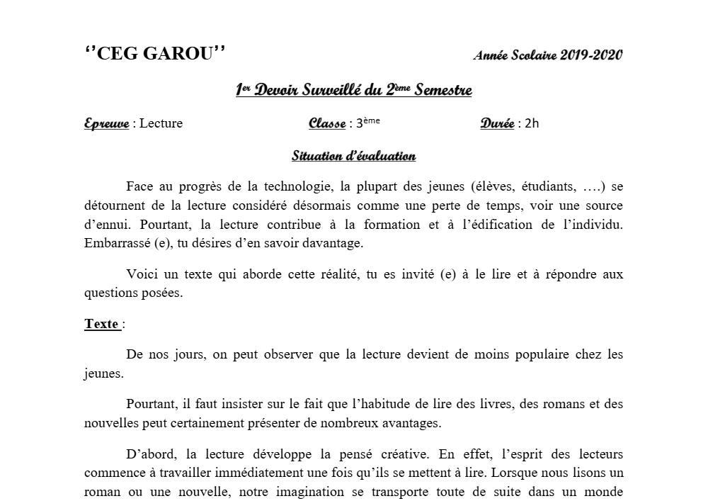 Aperçu de la première page — 3ème Lecture 1er Devoir 2ème Semestre CEG Garou 2019 2020