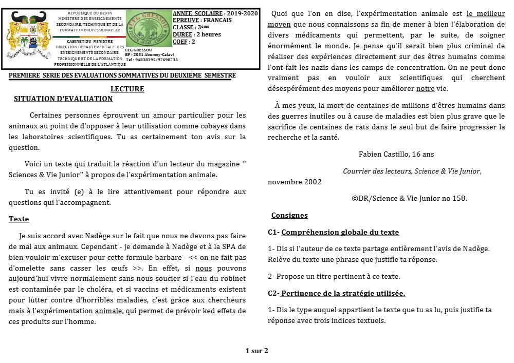 Aperçu de la première page — 3ème Lecture 1er Devoir 2ème Semestre CEG Gbessou 2019 2020