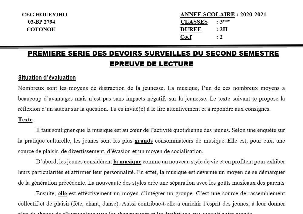 Aperçu de la première page — 3ème Lecture 1er Devoir 2ème Semestre CEG Houéyiho 2020 2021