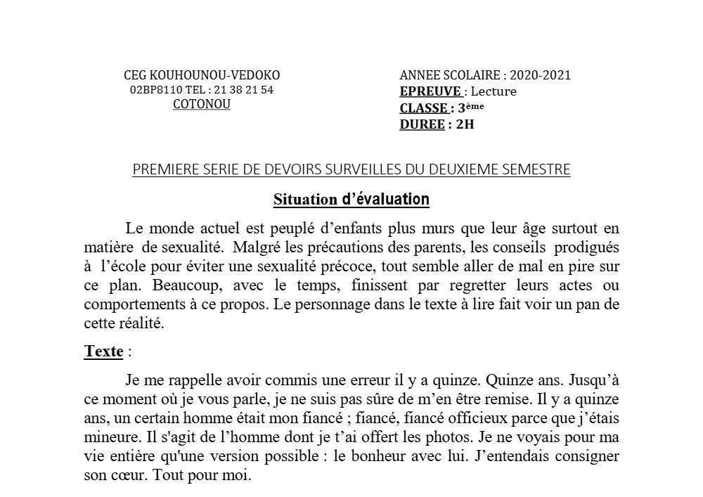 Aperçu de la première page — 3ème Lecture 1er Devoir 2ème Semestre CEG K Vedoko 2020 2021