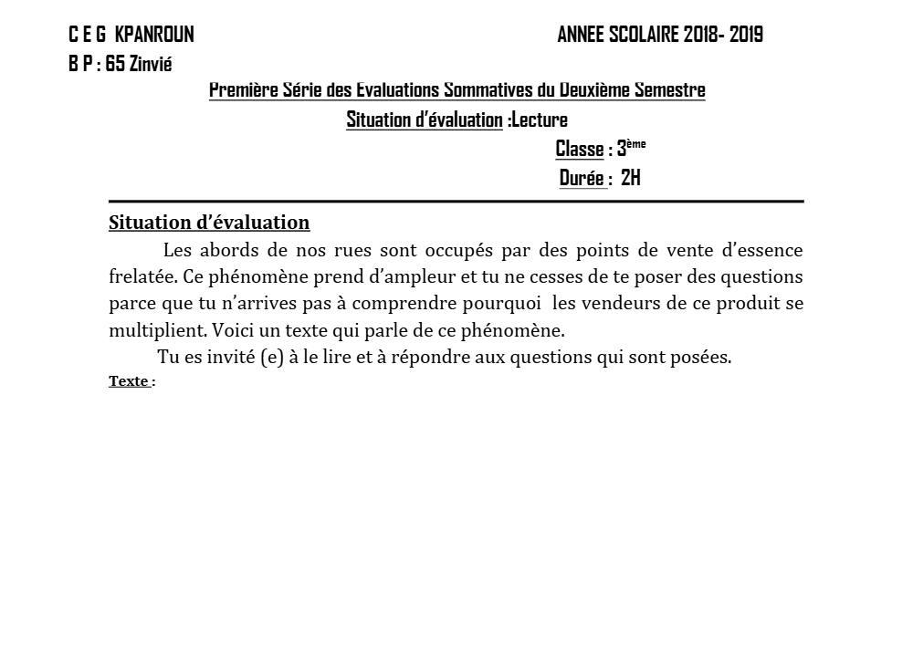 Aperçu de la première page — 3ème Lecture 1er Devoir 2ème Semestre CEG Kpanroun 2018 2019