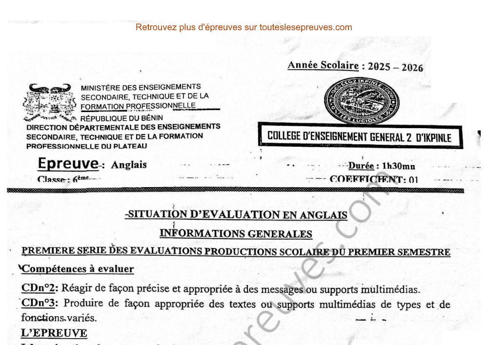 Aperçu de la première page — Anglais 6ème – 1er Devoir du 1er Semestre 2025 2026 – Compréhension et Expression écrite – CEG 2 Ikpinlè