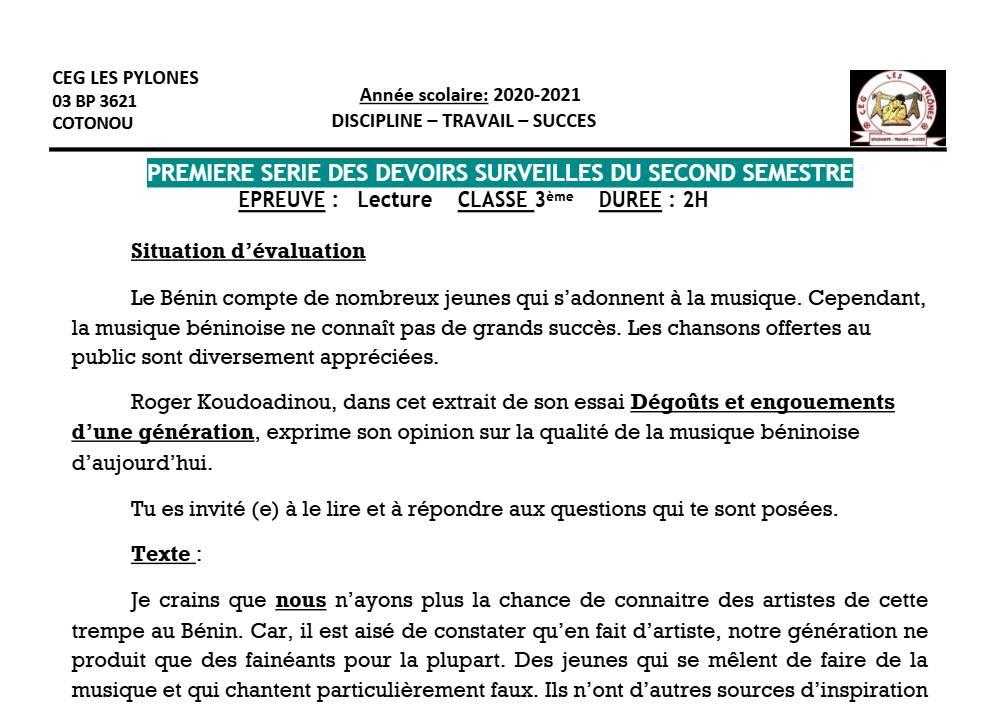 Aperçu de la première page — 3ème Lecture 1er Devoir 2ème Semestre CEG Les Pylônes 2020 2021